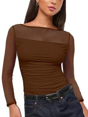 Y2K Sheer Mesh Long Sleeve Top Brown Sexy See-Through Blouse